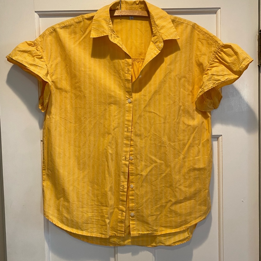 Madewell Yellow Stripe Flutter Sleeve Button Top XS